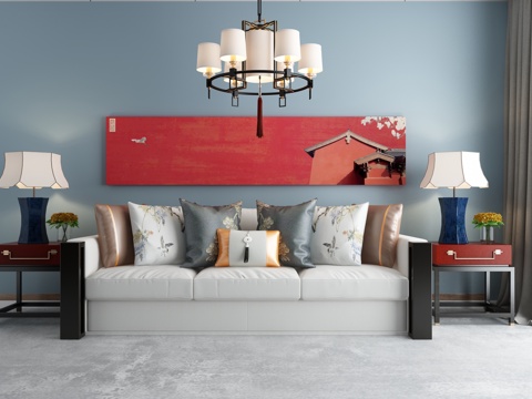  禅意中式沙发茶几吊灯组合3d模型 