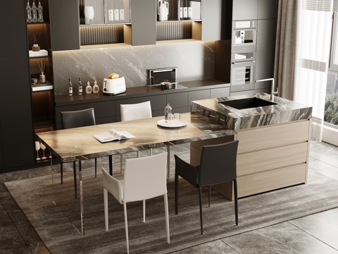  现代意式餐厅 餐桌椅 岛台 酒柜 餐边柜3d模型 