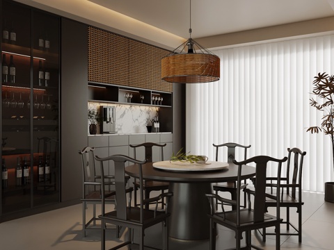  新中式餐厅 餐桌椅 酒柜3d模型 