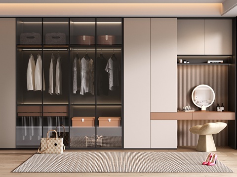  现代定制衣柜 玻璃衣柜 衣柜梳妆台一体3d模型 