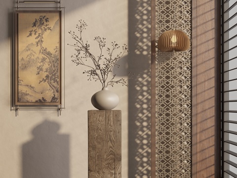 新中式花瓶 枯枝摆件su模型