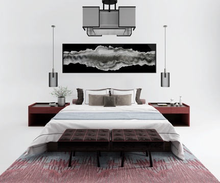  新中式床具 吊灯 床头柜3d模型 