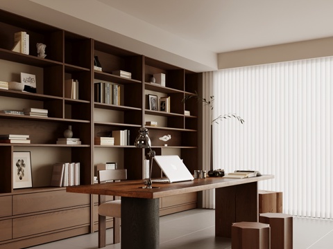 中古风书房 书桌椅 书柜su模型