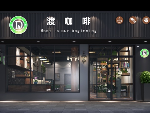  工业风格咖啡店门头3d模型 