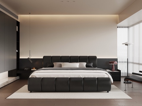 现代意式卧室 双人床su模型