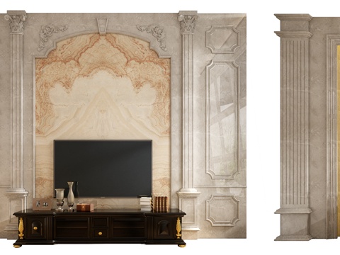  经典欧式背景墙 电视背景墙 电视柜组合 盆栽 植物3d模型 