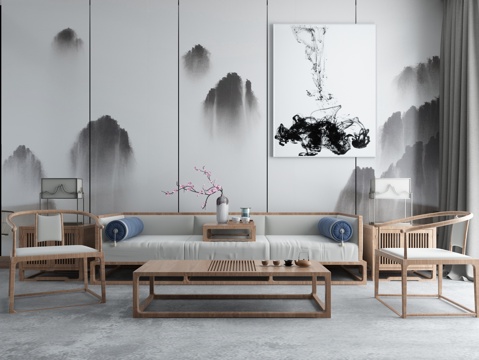  新中式沙发茶几组合3d模型 