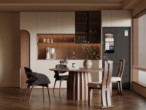  中古风餐厅 餐边柜 餐桌椅 圆桌3d模型 