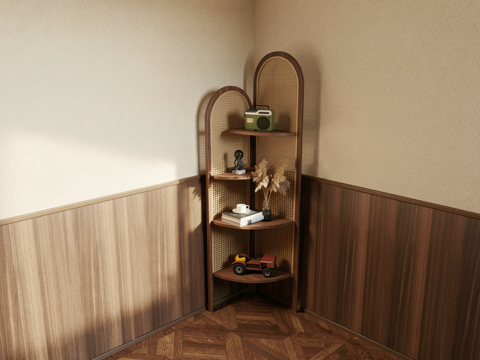 中古新中式屏风 中古玄关架 置物架 藤编置物架 屏风su模型