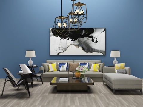  北欧沙发茶几 装饰画 吊灯 单椅3d模型 