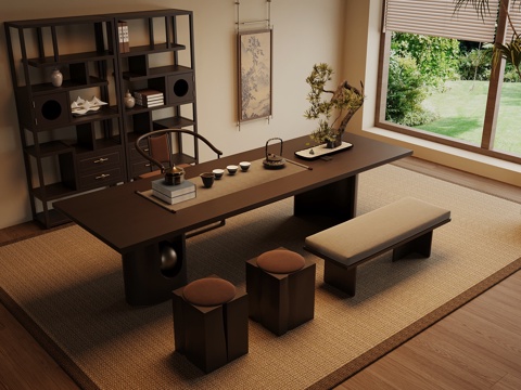  新中式茶室 茶桌椅 博古架3d模型 