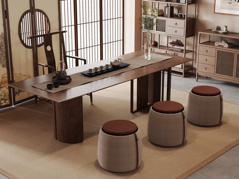 新中式茶室 茶桌椅su模型