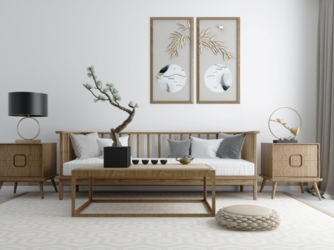  新中式实木沙发茶几组合3d模型 