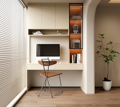 现代阳台书桌 书柜 书桌书柜一体柜su模型su模型