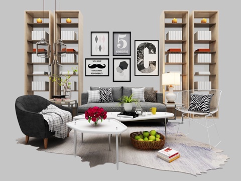  北欧沙发 茶几书架3d模型 