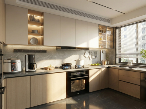 现代意式封闭式厨房 厨具 厨房用品 冰箱 厨房电器 橱柜su模型