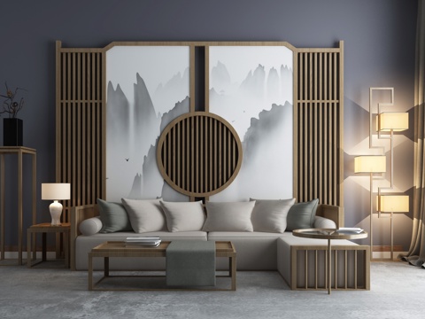  新中式沙发茶几组合3d模型 