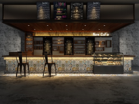  工业风咖啡厅 吧台 吧椅3d模型 