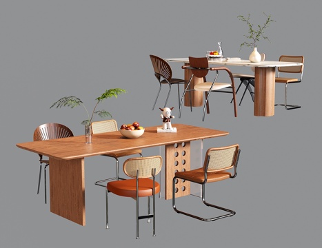  现代中古餐桌椅 长方形木餐桌 餐椅 大理石3d模型 