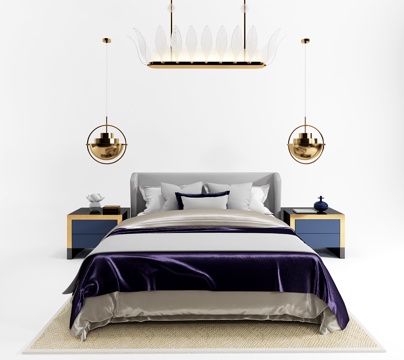  现代双人床 床头柜 吊灯3d模型 