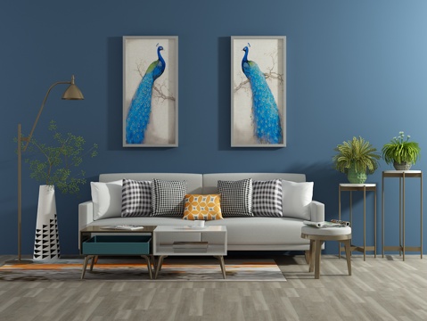  北欧沙发 茶几 单椅 装饰画 绿植3d模型 