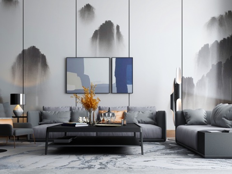  新中式沙发茶几组合3d模型 