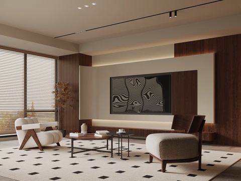  中古风客厅 电视背景墙 沙发茶几组合3d模型 