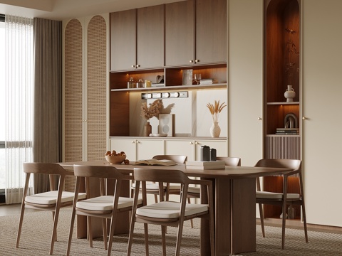 中古风餐厅 餐桌椅 餐柜su模型