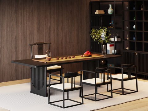  现代意式茶室 茶桌椅 博古架3d模型 