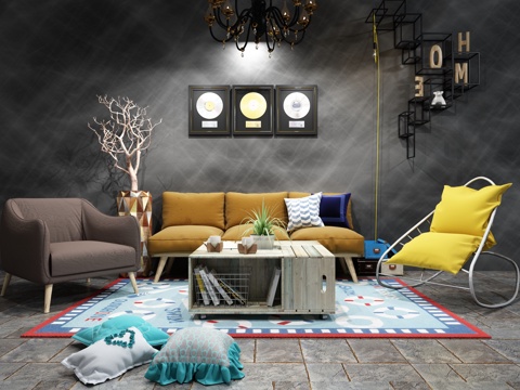  新中式沙发茶几吊灯组合3d模型 