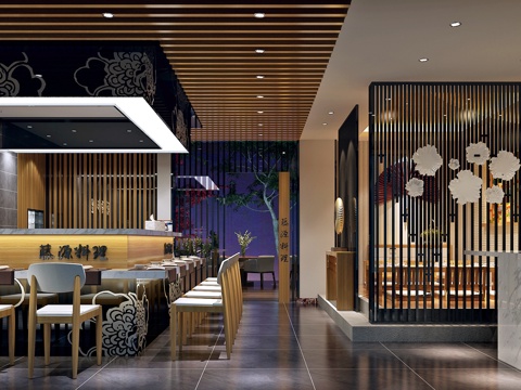  日式餐厅 椅子 吊灯 花纹 挂件 装饰品 隔断 外观 盆3d模型 