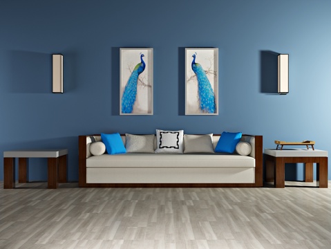  新中式沙发茶几 装饰画 壁灯3d模型 