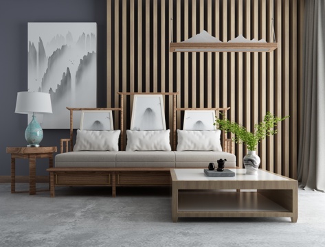  新中式实木家具沙发茶几组合3d模型 