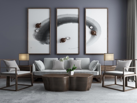  新中式禅意沙发茶几组合3d模型 