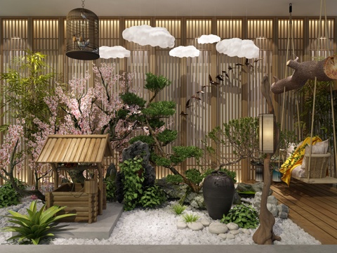  日式枯山水 景观小品 古井松树 干景景观3d模型 