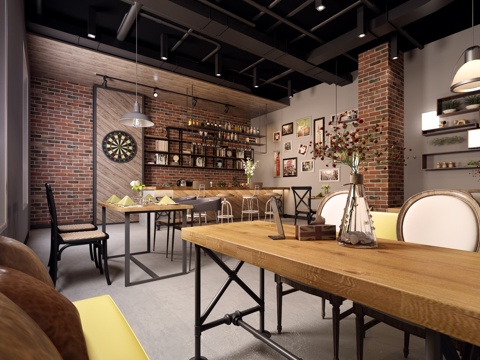  现代风格咖啡厅 咖啡杯 休闲椅 挂画 摆件 沙发 桌子3d模型 