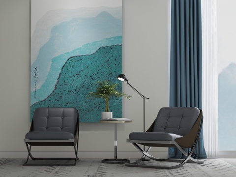  现代休闲沙发 落地灯 现代茶几 花卉盆栽 墙饰挂画 躺椅3d模型 