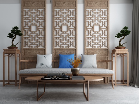  新中式沙发茶几六合门组合3d模型 