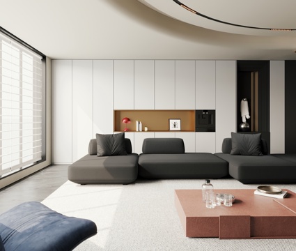  现代极简客厅 意式黑白客厅 横厅 大平层3d模型 