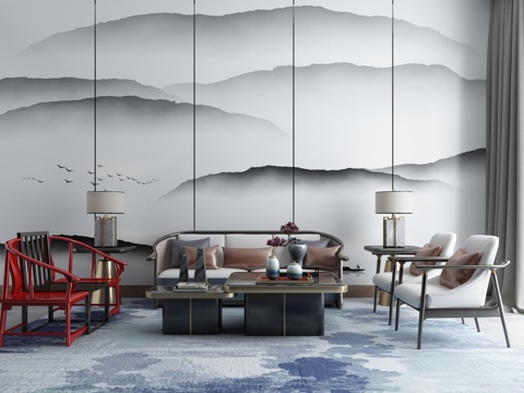  新中式沙发茶几组合3d模型 