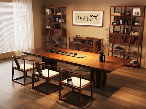  新中式茶室 茶桌椅 博古架3d模型 