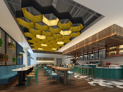  现代咖啡厅 餐桌椅 吊灯 吧台3d模型 