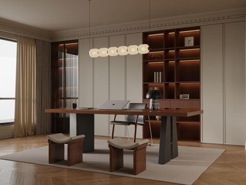 中古风书房 书桌椅 书柜su模型