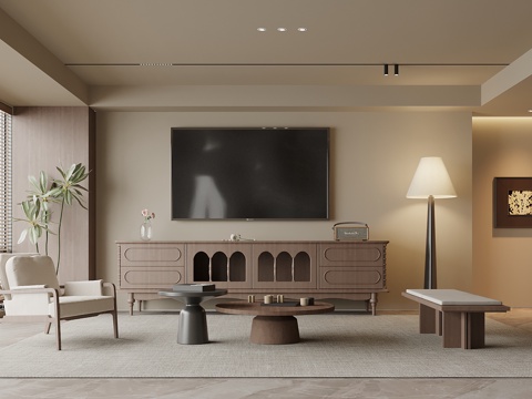 中古风客厅 电视柜 沙发茶几组合su模型