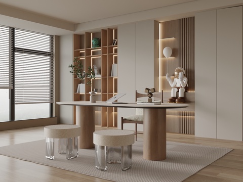  奶油风书房 书桌椅 书柜3d模型 