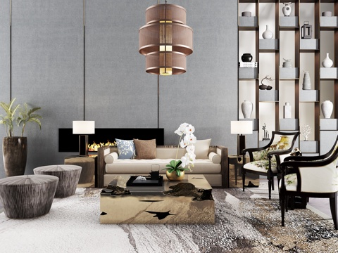  新中式沙发茶几组合 沙发 茶几 休闲椅 凳子 吊灯 装饰3d模型 