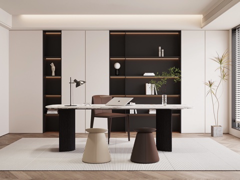 现代意式书房 书桌椅 书柜su模型