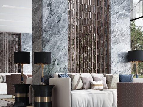  现代售楼处沙发屏风台灯边几单椅3d模型 