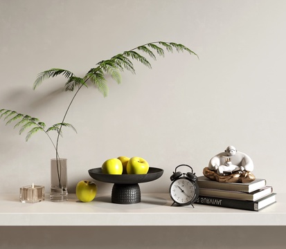  现代奶油装饰品摆件 花艺 水果盘 闹钟 书籍3d模型 