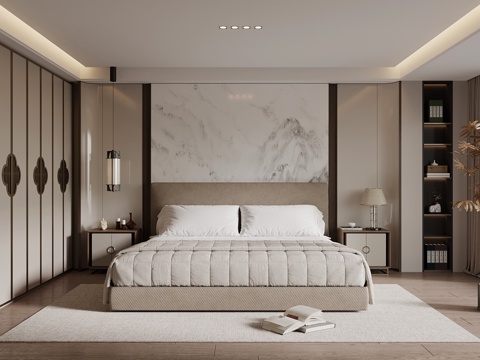 新中式卧室 双人床 衣柜su模型